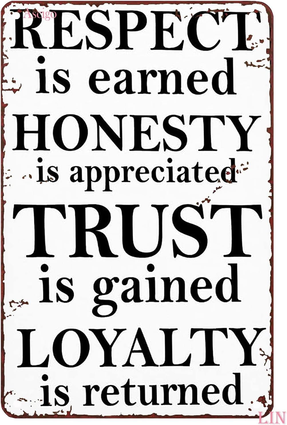 Dzyqawh Colour-2871 Metal Decor Wall Art Office Decorations Bathroom Respect Is Earned Honesty Appreciated Trust Gained Loyalty Returned Inspirational Tin Sign Art Metal Decor Funny Plaque Gift 8X12 Inch