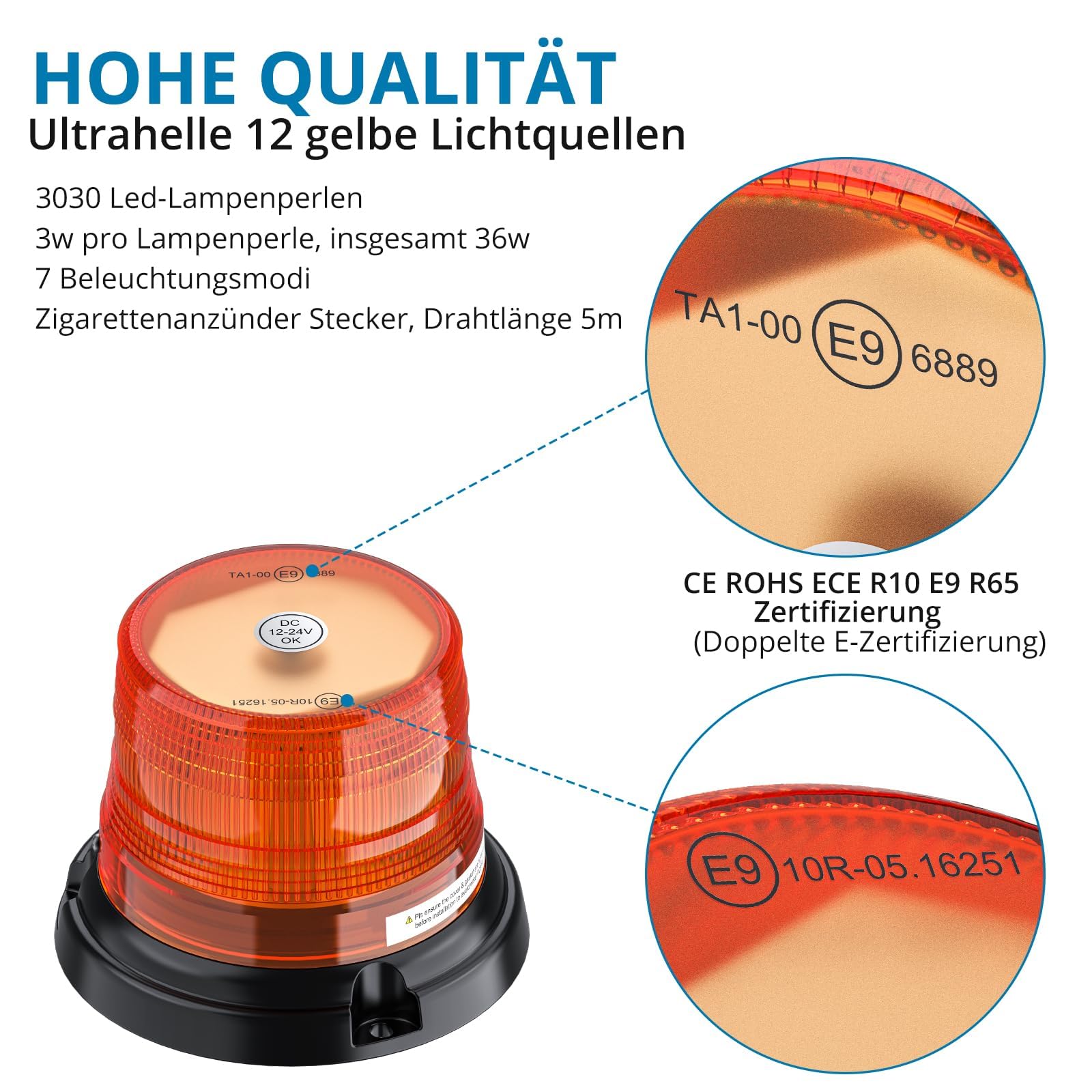 AUTOUTLET Lampa dookoła 12 diod LED, żółta, 10 V-30 V, magnetyczna lampka ostrzegawcza, 32 tryby świecenia, kabel 5 m, E9, IP56, światło ostrzegawcze, światło ostrzegawcze, światło stroboskopowe
