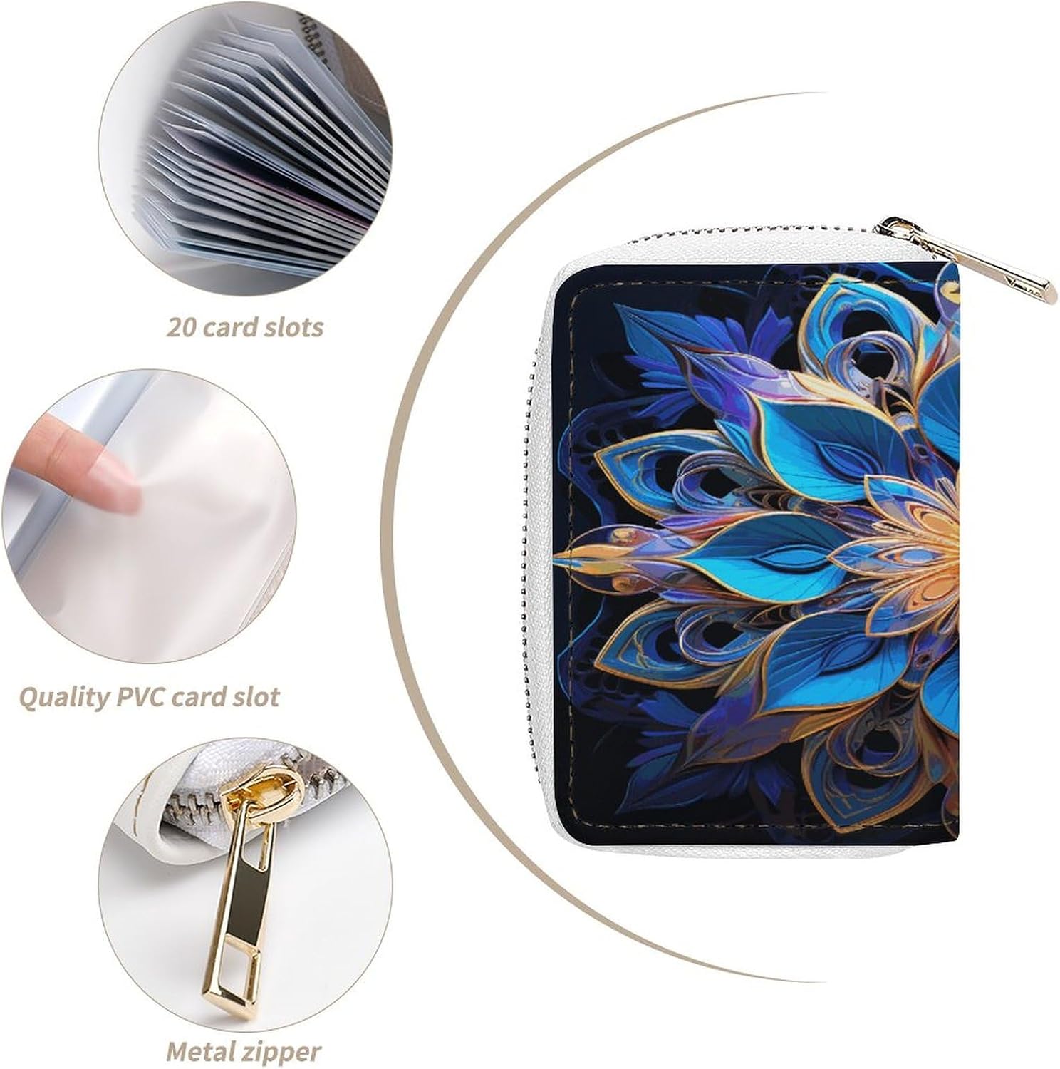 Leather Card Organizer Case Card Wallet Credit Card Holder Rectangle Mandala Printed Zipper Card Cases Holder for Women Men