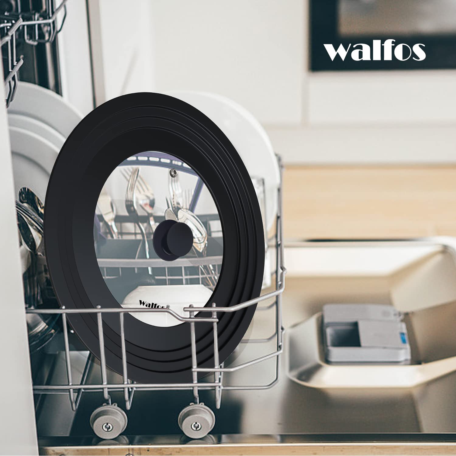 Walfos Couvercle universel Ø 30, 28, 26, 24 et 20 Couvercle en verre pour casseroles, poêles avec bord en silicone gradué, Couvercle pour poêles et casseroles, Couvercle de casserole résistant à la