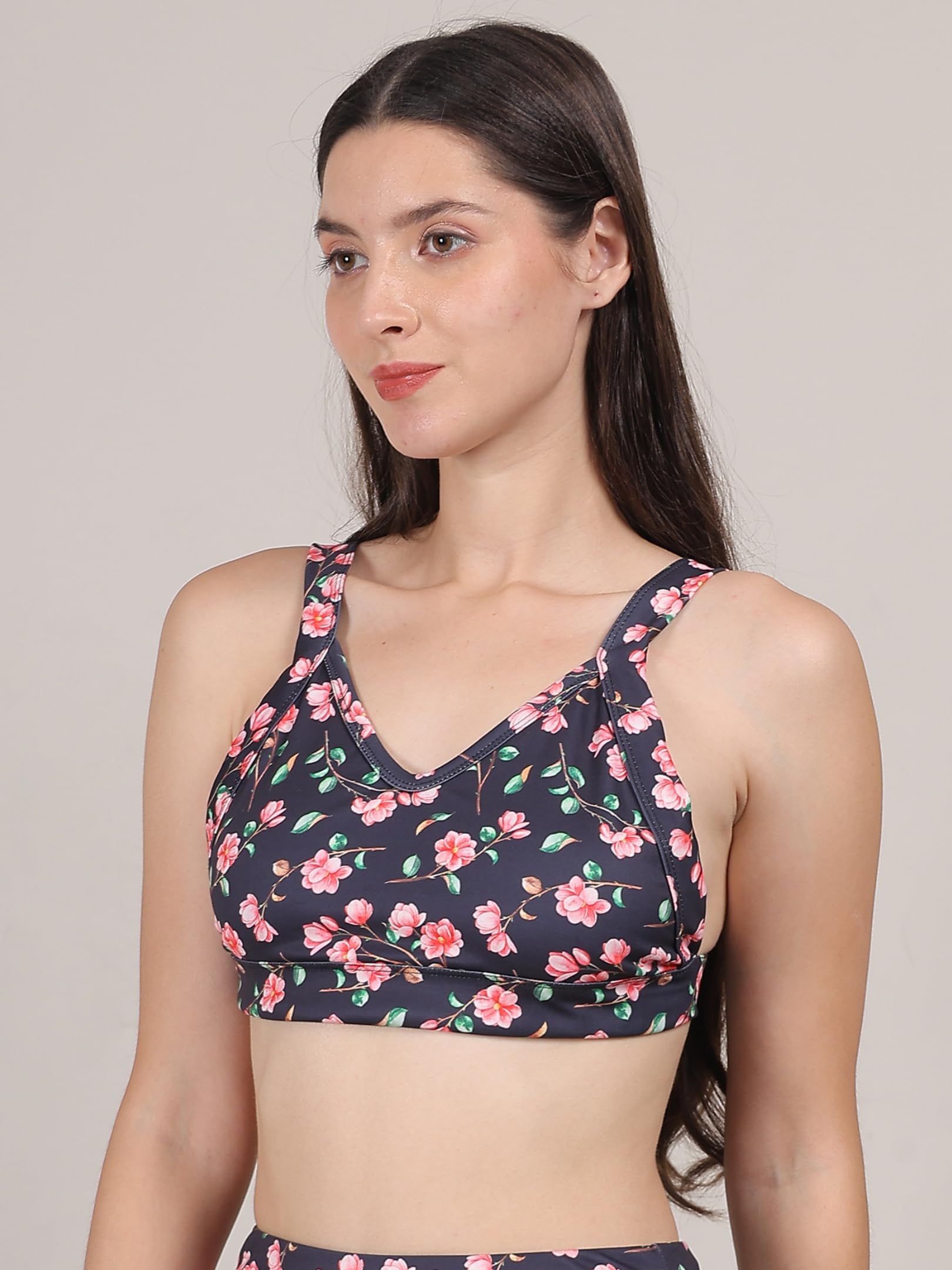 MEGASKA Women Swim Bra Bikini Top Quick Dry Printed Padded Workout Sports Bathing Suit Swimwear Tops_BlackFloralBlack_S Black 1