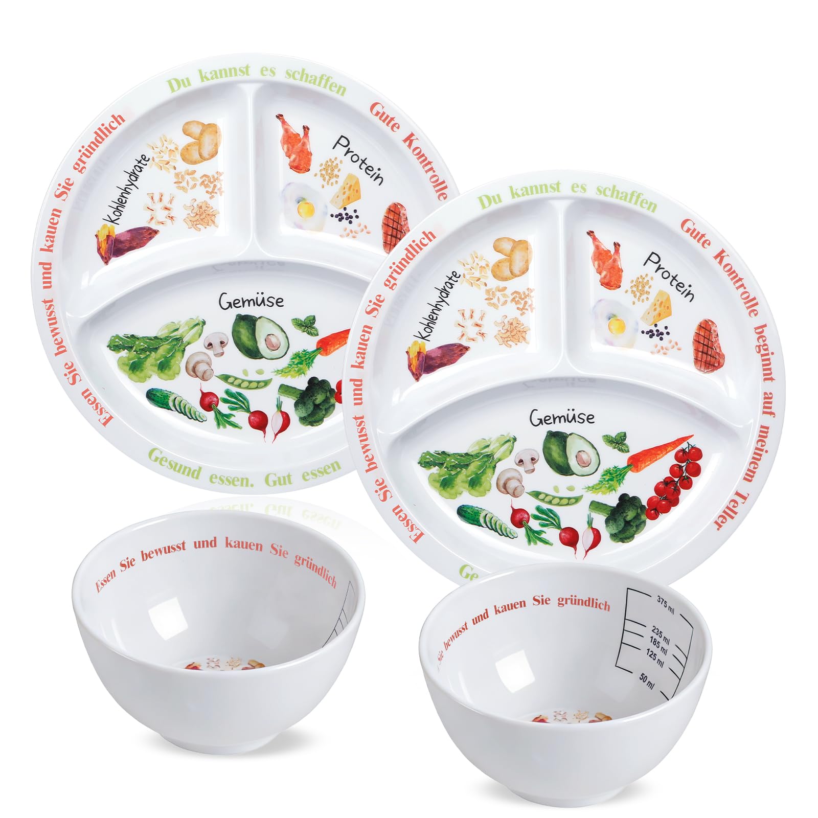 4 Set Portionskontrollteller für ausgewogene Ernährung Teller mit gesunder Ernährung für Erwachsene und Jugendliche Melamin-Unterteilungen, Gewichtsverlust(2 Teller + 2 Schüsseln)