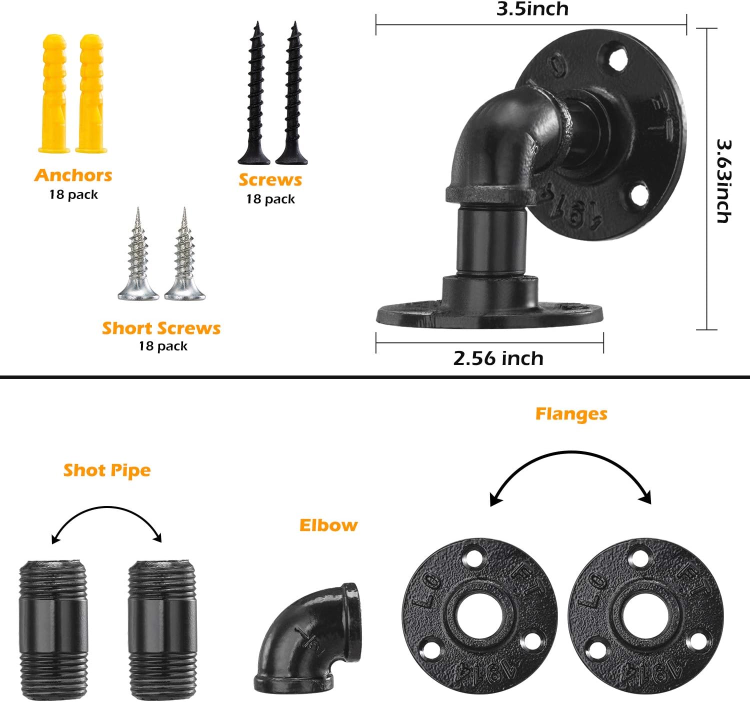 6 Pack Industrial DIY Pipe Shelf Brackets,Vintage Black Iron Wall Mount Pipe Shelving Bracket, Rustic Home Pipe Shelf
