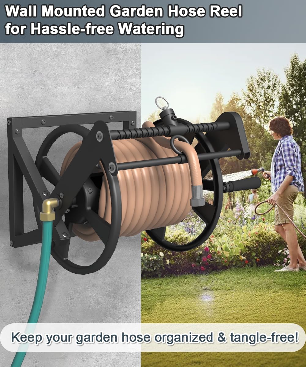 Wall Mounted Reciprocating Garden Hose Reel with Hose Guide, Outdoor Heavy Duty Metal Water Hose Holder Storage Rack Holds 125ft of 5/8'' Hose with Brass Fitting & 3.9ft Leader Hose, Black