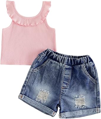 Toddler Baby Girl Summer Clothes Ruffle Sleeveless Tank Top Shirt Ripped Jean Shorts Denim Outfits for Girls