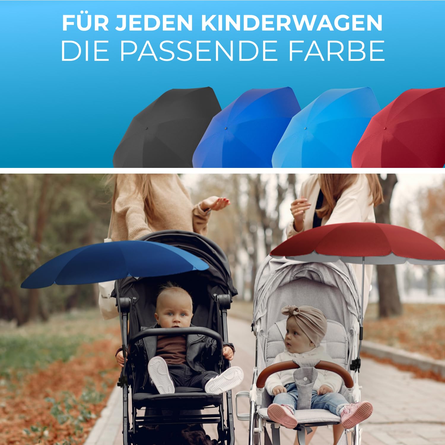 STYNGARD Sonnenschirm Kinderwagen UV Schutz 50+ / 70 cm Durchmesser mit Überhang - Sonnenschutz Kinderwagen - Sonnenschutz Buggy mit flexibler Universalhalterung Modell ROME