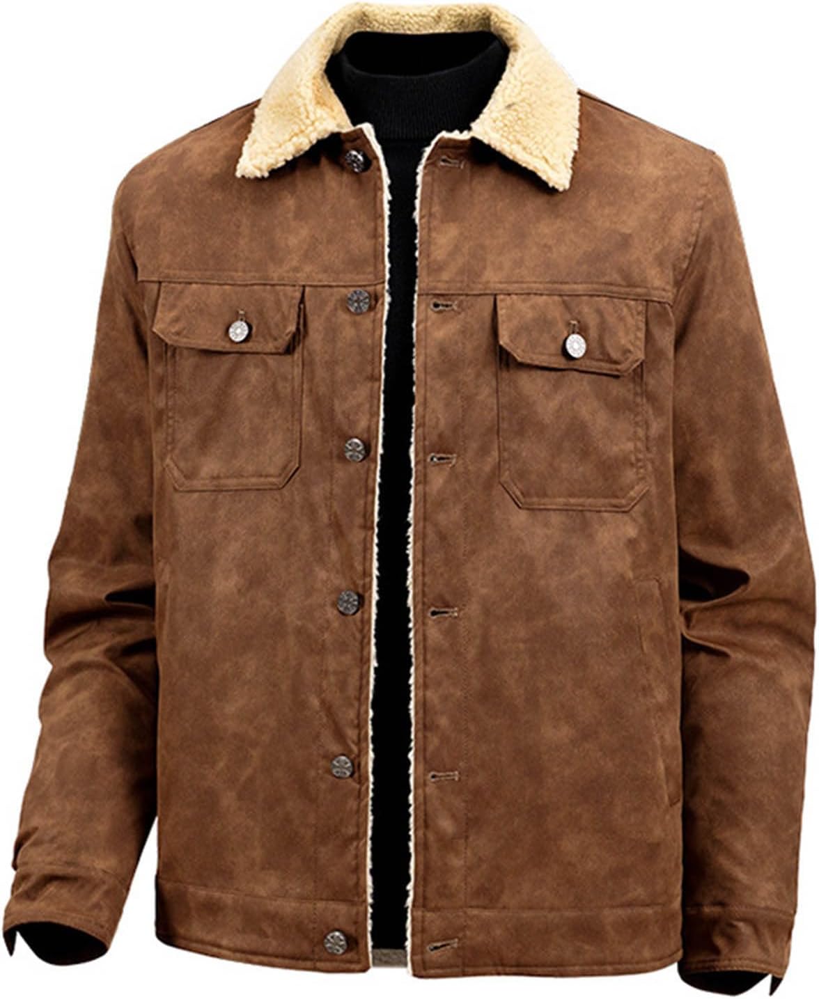 Warm Soft Jacket for Men Classic Long Sleeve Button Down Coats Sherpa Lined Fall Winter Outfits with Pockets