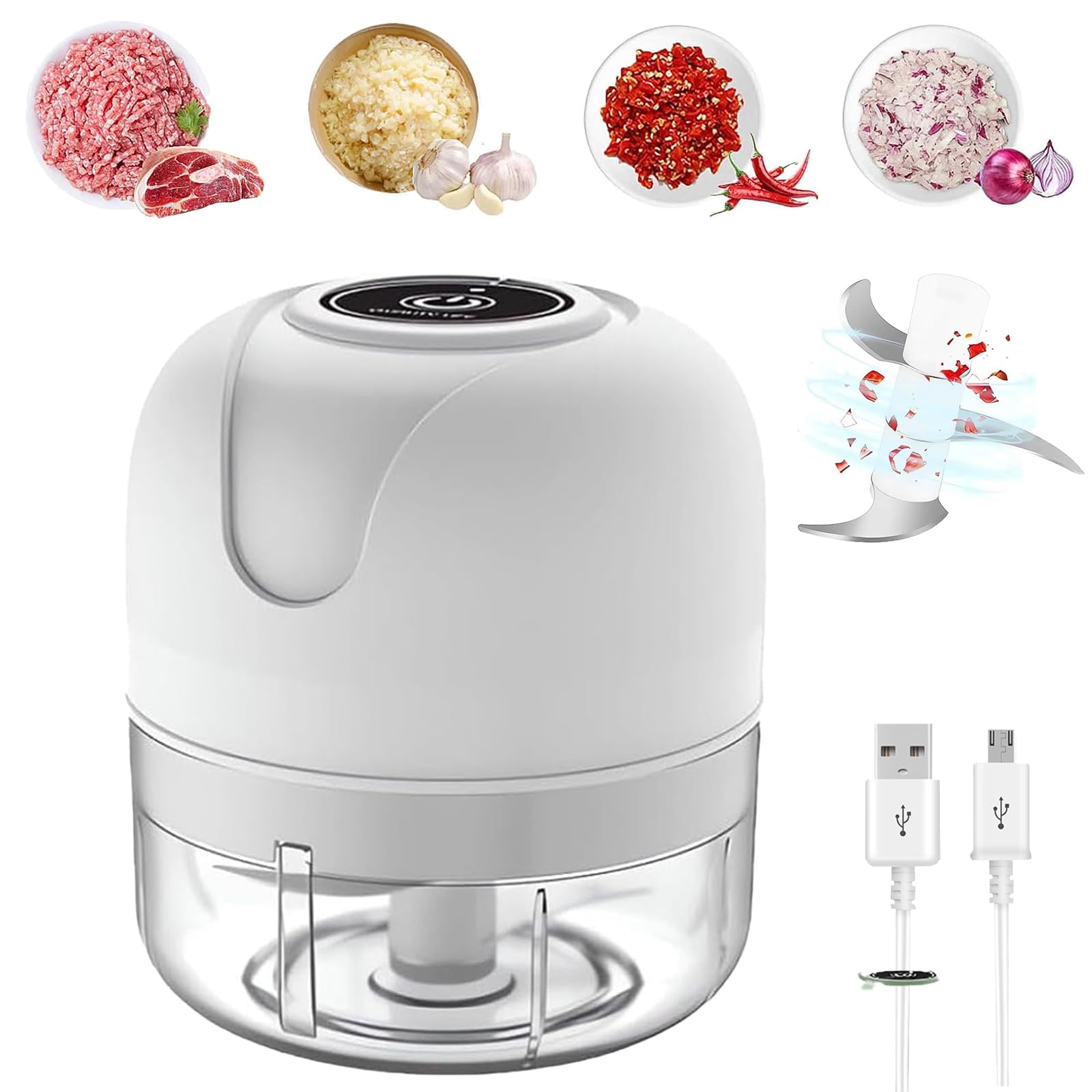 Collectale Usb Rechargebale Electric Garlic Grinder, 100ML/250ML Portable Mini Chopper Electric, Cordless Small Blender Food Processor, Electric Onion Meat Nut Chopper Vegetable Cutter (White-100ML)
