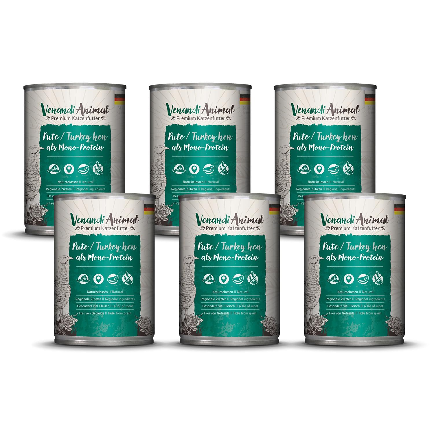Venandi Animal Premium Cat Food, Turkey Hen as Monoprotein, Wet Food, Grain-Free and Natural, Pack of 6 (6 x 400 g)