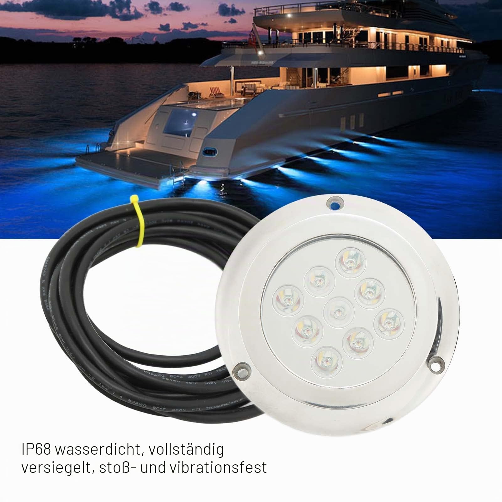 Led Unterwasserbeleuchtung, IP68 Wasserdichte Marine Boot LED Leuchten, 9 Led Marine Unterwasser LED Leuchten für Boot, Yachten, Kreuzfahrtschiffe, Segelboot, Ponton (Blaues Licht)