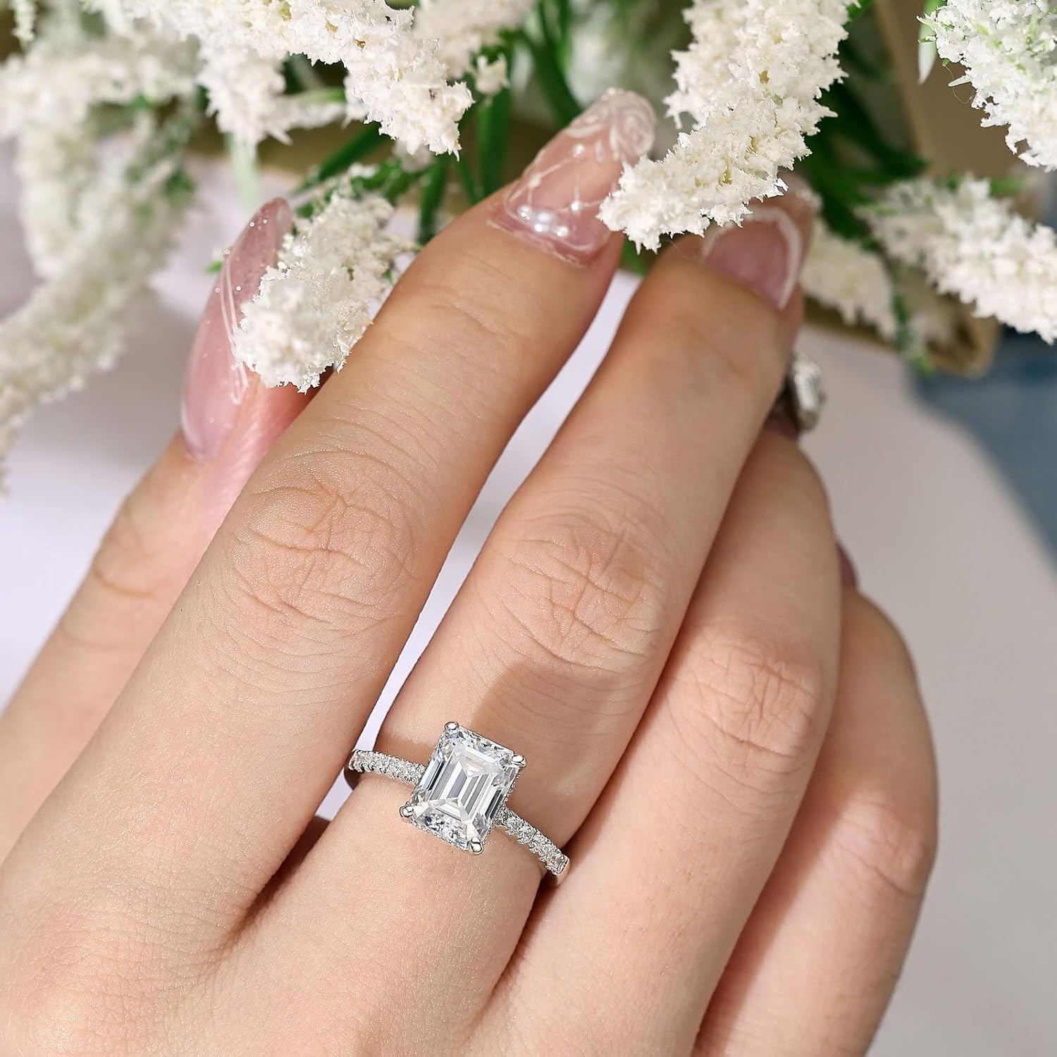 Emerald Cut Moissanite Engagement Rings for Women Solitaire Wedding Ring 925 Sterling Silver Sz 5-10 - Image 6