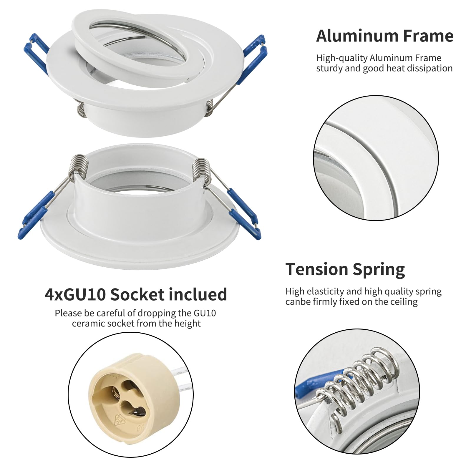 GeyouLux 6 x reflektor LED do zabudowy, 230 V, IP44, oprawka z gniazdem GU10, aluminiowa, biała, okrągła, płaska, okrągła, do łazienki, 68 mm, do użytku na zewnątrz i wewnątrz