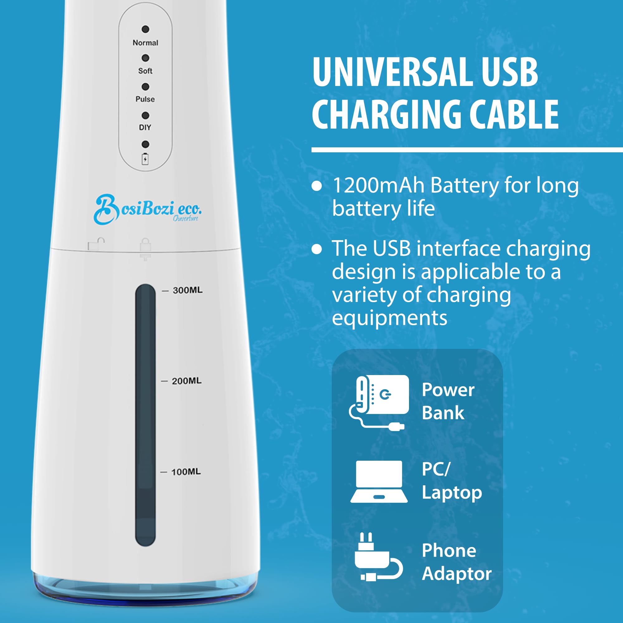 BosiBozi - Hilo dental recargable para dientes, 4 modos, inalámbrico y portátil, tanque de 300 ml, hilo dental impermeable IPX7, cable de carga USB-C, 3 cabezales de chorro, 1 raspador de lengua
