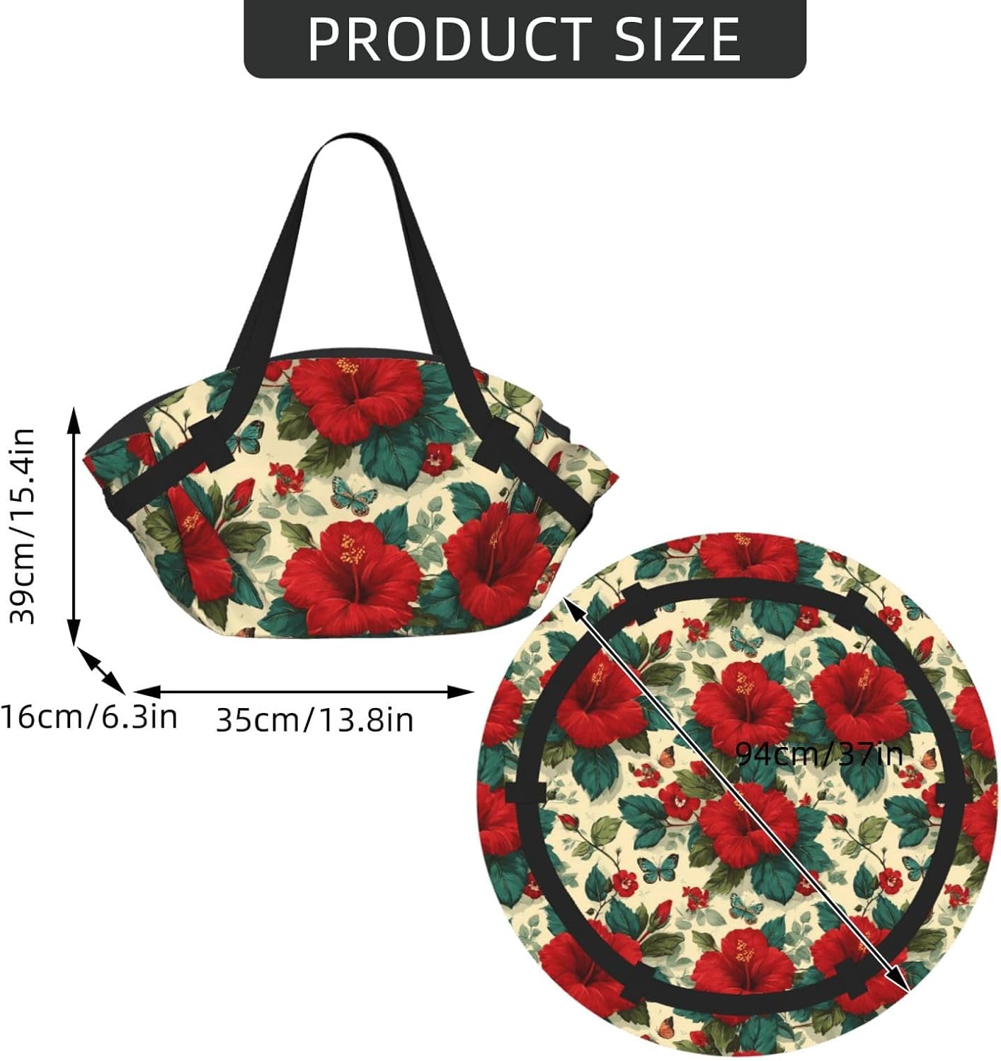 Red Hibiscus Flower (5) Pattern Foldable Camping Tote Bag Picnic Blanket Bag Portable Beach Mat Tote Waterproof Outdoor Picnic Mat Carry Bag