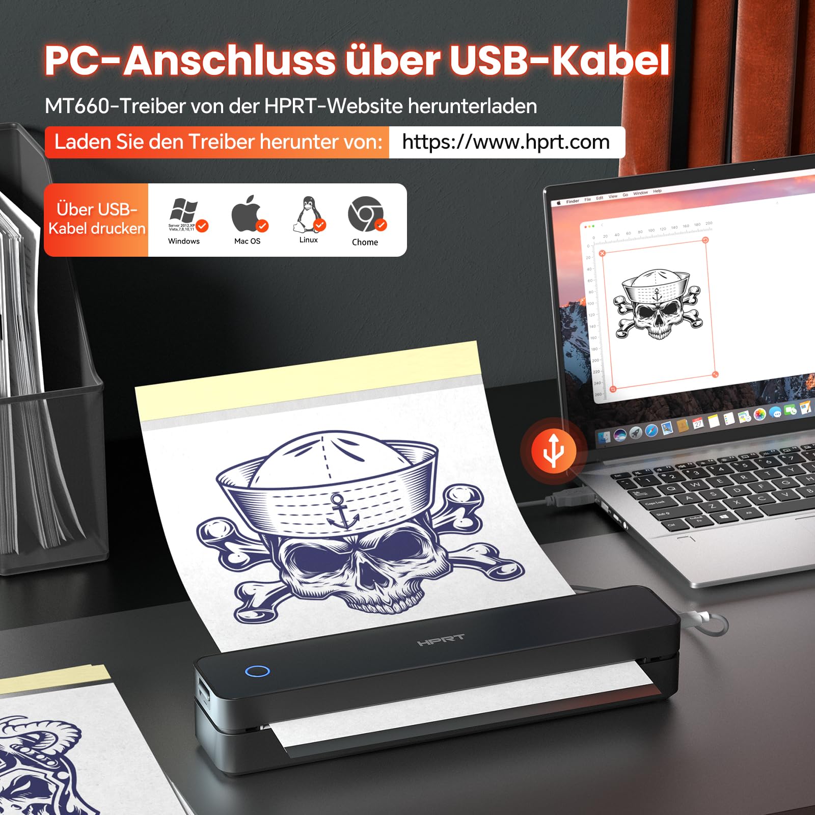 HPRT Tragbarer Bluetooth-Thermo-Tattoo-Aufkleber – Kabelloser Tattoo-Schablonendrucker mit 10 Blatt Druckpapier, DIY-Temporär-Tattoos für Tätowierer und Anfänger, wiederaufladbar über USB