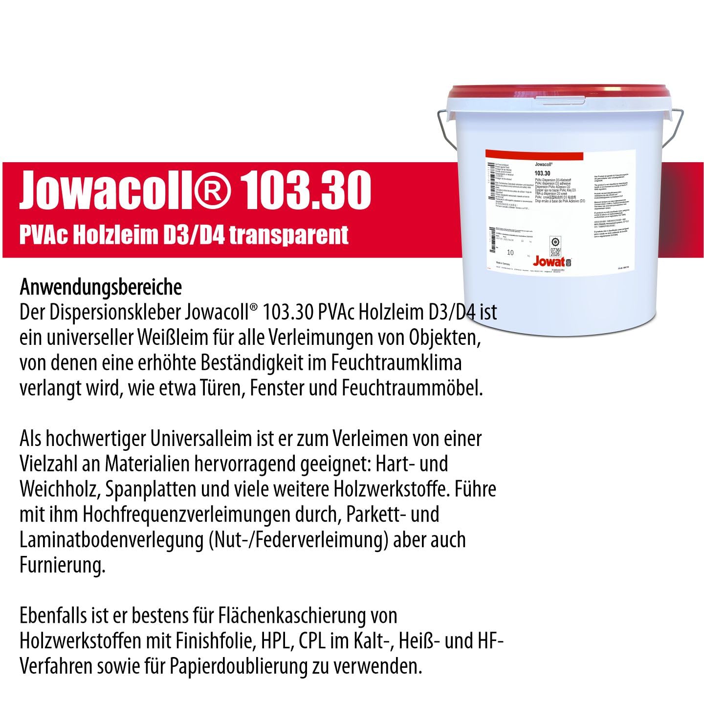 Jowat Jowacoll 103.30 10 kg Holzleim-Set inkl. Leimspachtel – Dispersionsleim D3 / D4 für Holz, Kanten, Furniere & Möbelbau – hohe Festigkeit
