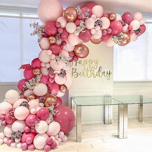 Kit de arco de guirnalda de globos rosados, 122 globos de látex rosa rojo bebé de 18 x 12 x 5 pulgadas con globos metálicos de oro rosa para baby