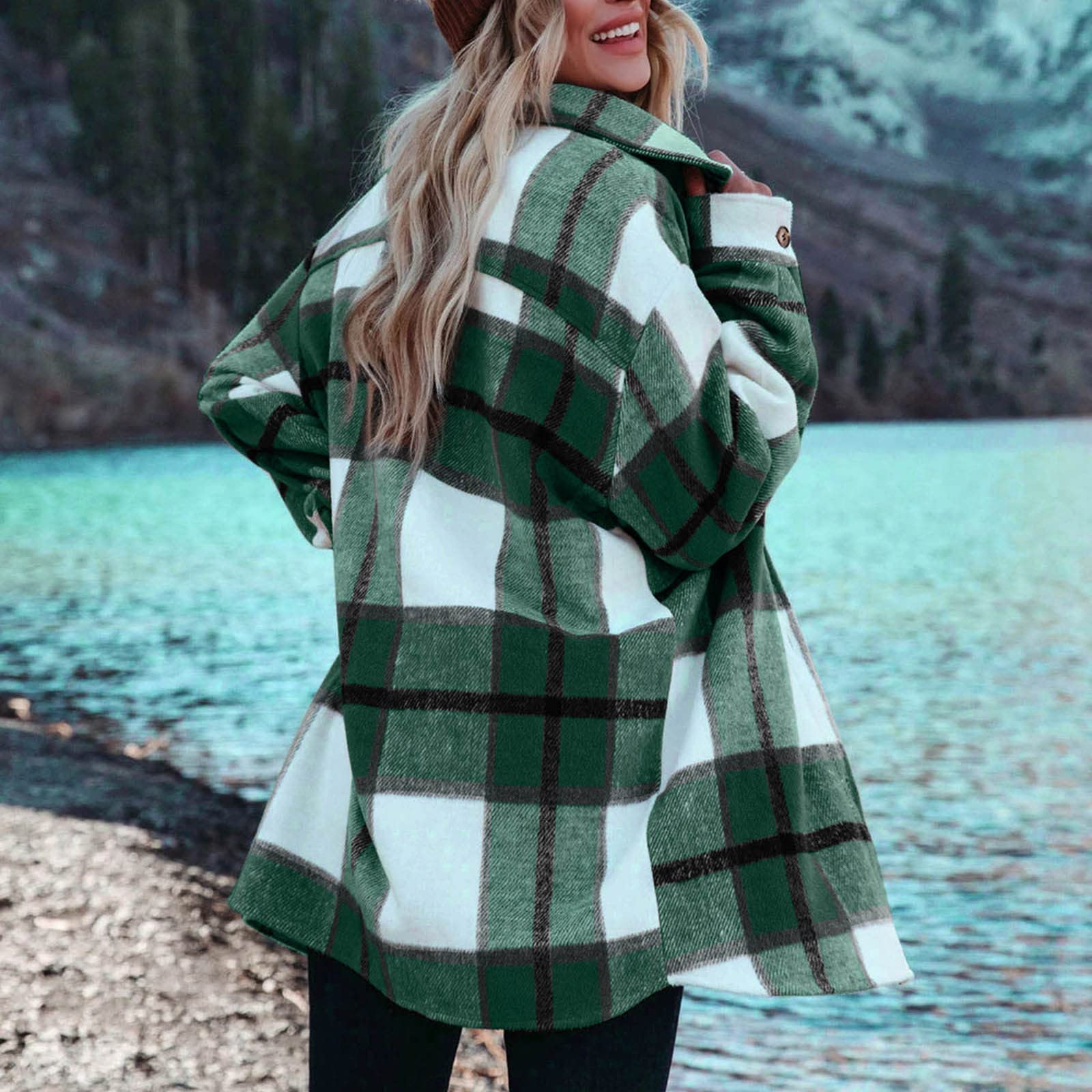 Flanellhemd Damen Kariert, Hemdjacke Damen Gefüttert Mit Taschen Shacket Mantel Casual Übergangsjacke Revers Freizeitjacke Knöpfe Blazermantel Elegant Wolljacke Windbreaker Trachtenhemd