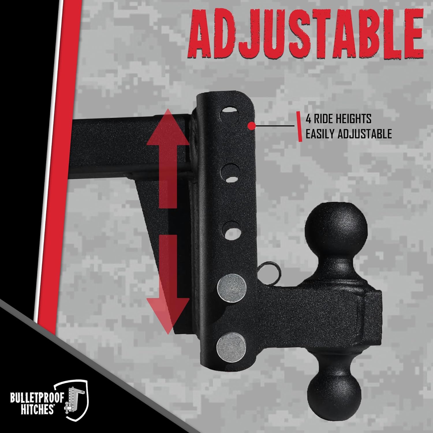 BulletProof Hitches - 2.0" Adjustable Medium Duty Trailer Hitch (14,000 lb. Rating) - 4" Drop/Rise Trailer Hitch with 2" & 2-5/16" Dual Ball - Powder Coat, Box Steel, Corrosion-Resistant