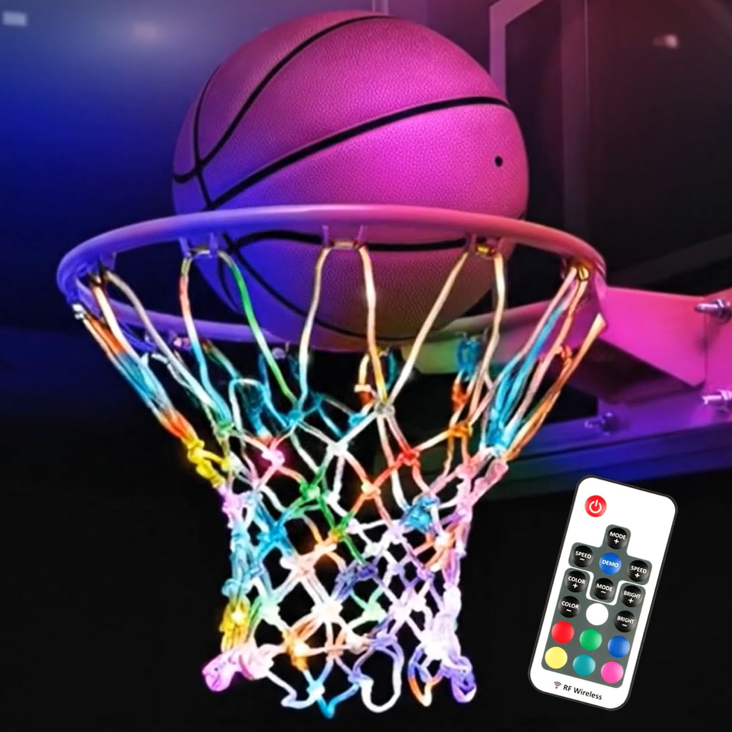 Glow in The Dark Basketball Net, Solar-Powered LED Lighted Nylon Basketball Hoop Net with Remote Control, Waterproof, Multi-Mode Lighting for