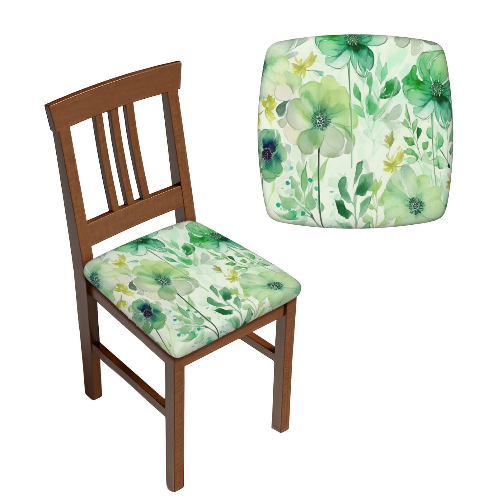 NONHAI 4PCS Dining Chair Seat Covers Set Watercolor Green Flowers Stretch Removable Chairs Covers Washable Seat Cushion Slipcovers Protector for Dining Room Kitchen Chairs