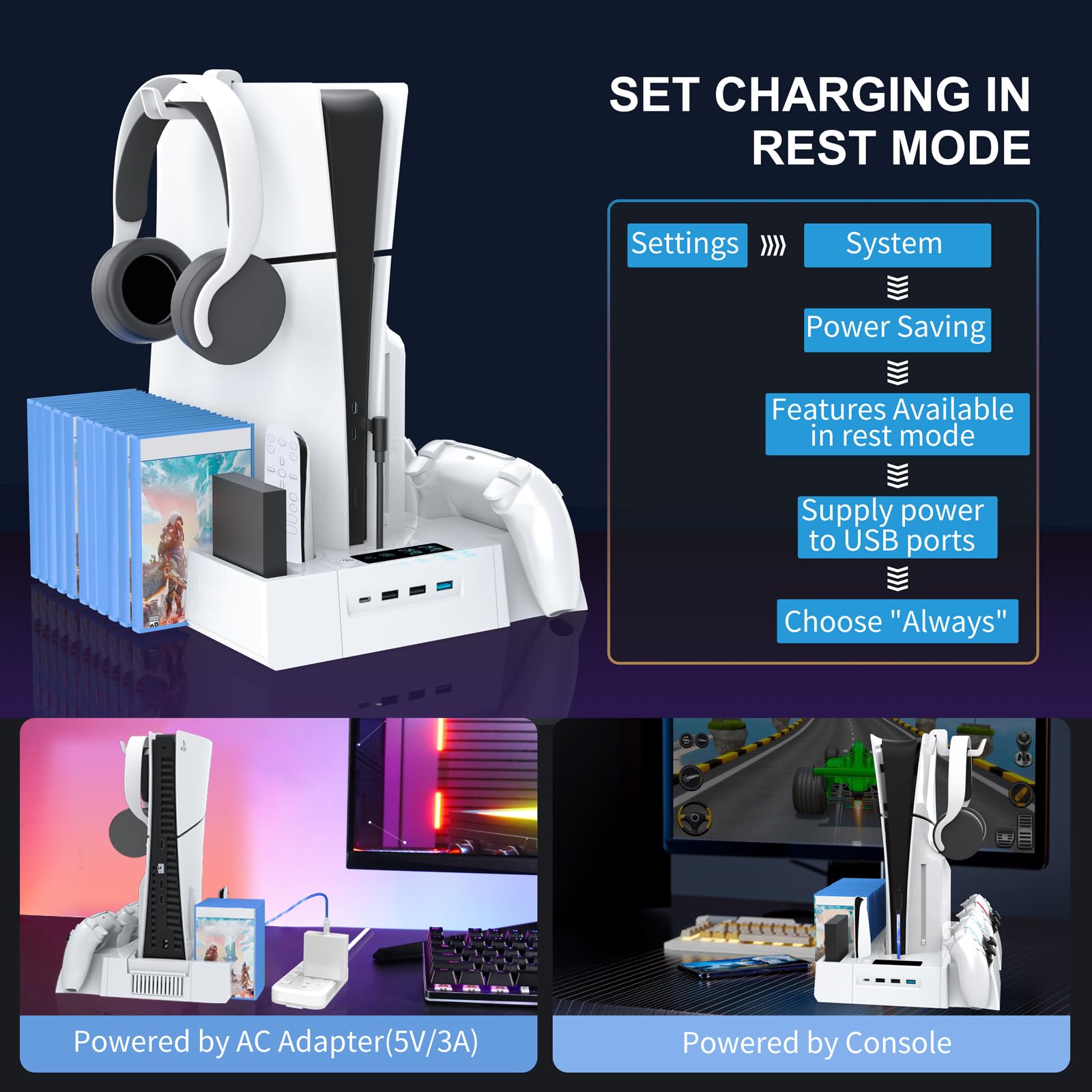 Stacja chłodząca PS5/Slim do PS5 Disc & Digital, stojak chłodzący PS5 z podwójnym kontrolerem ładowanie do konsoli PlayStation 5, wielofunkcyjna ładowarka do PlayStation 5, akcesoria, kontroler