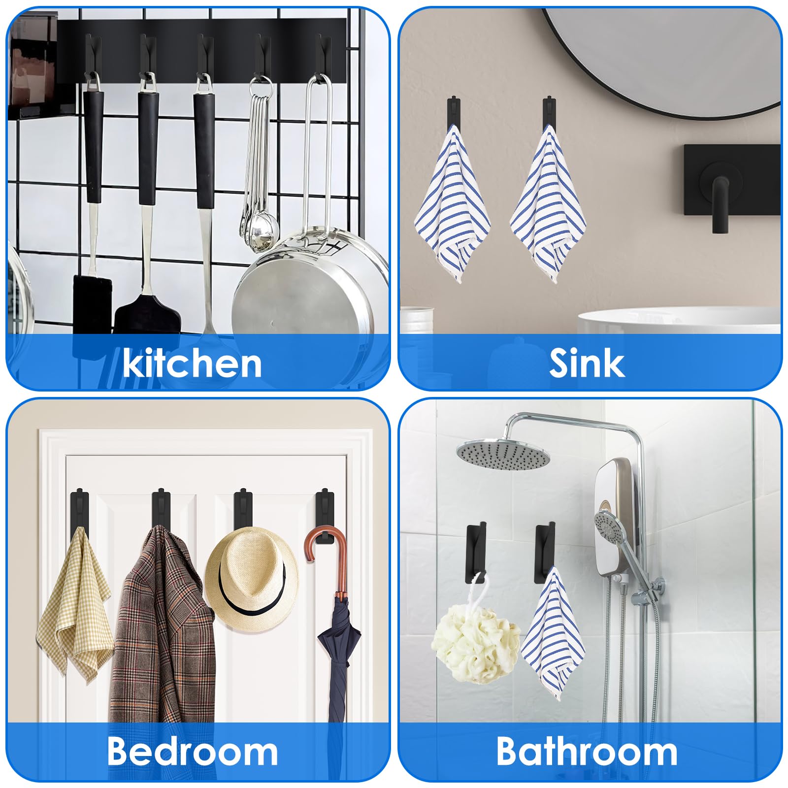 Anteer 6 Pack Self Adhesive Towel Hooks - Stainless Steel Heavy Duty Stick On Hooks