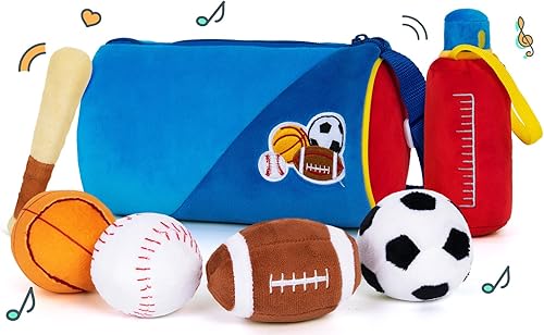 Miniatura 1 de OUOZZZ Juguetes deportivos para regalos para bebés, 6 piezas de peluche con chirriador y campana, juguetes sensoriales para regalos de cumpleaños