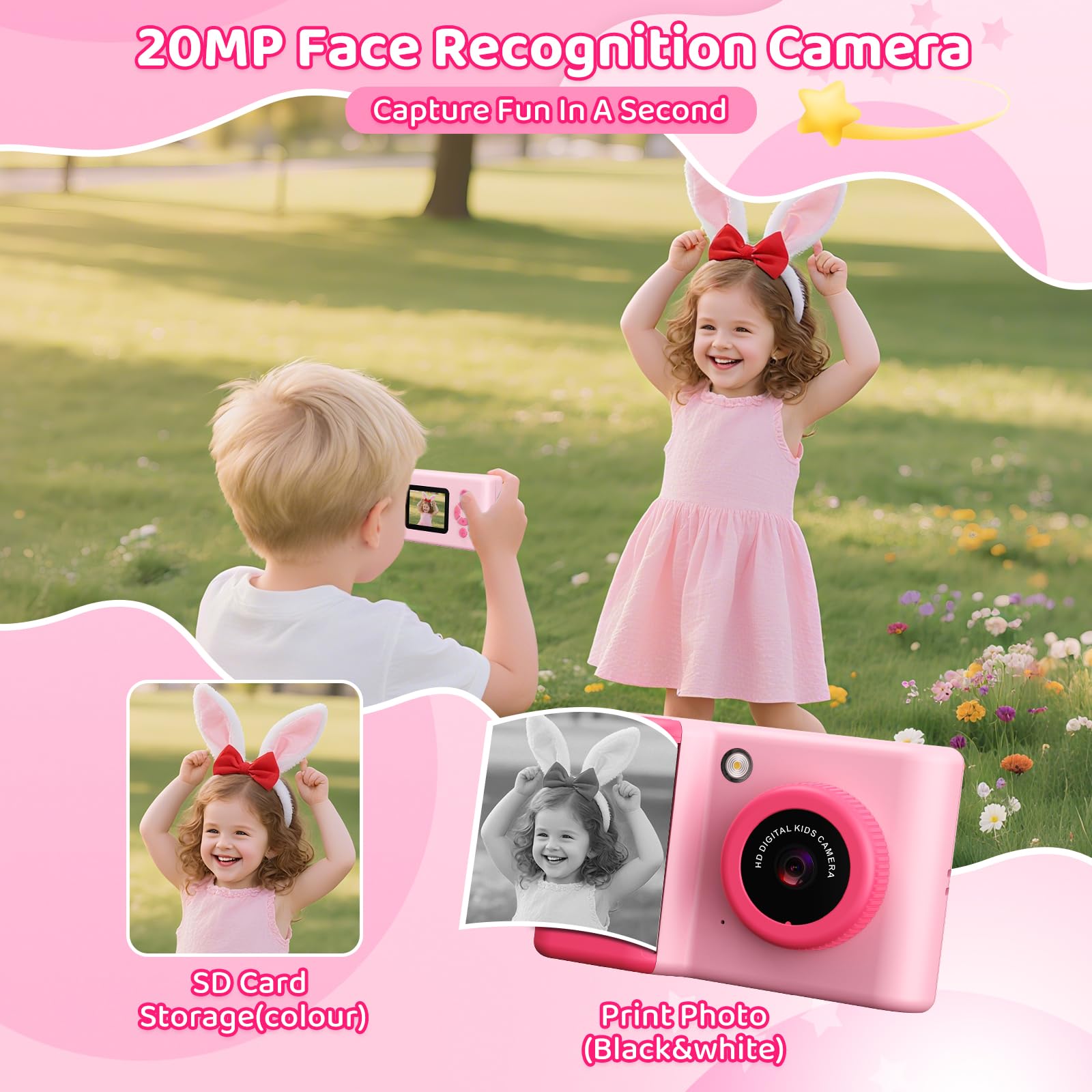 Ushining Cámara instantánea para niños, 1080P HD, cámara instantánea con tarjeta de 32 GB y papel de impresora, pantalla IPS de 2,4 pulgadas, cámara digital, regalos para niños/niñas de 3 a 12 años