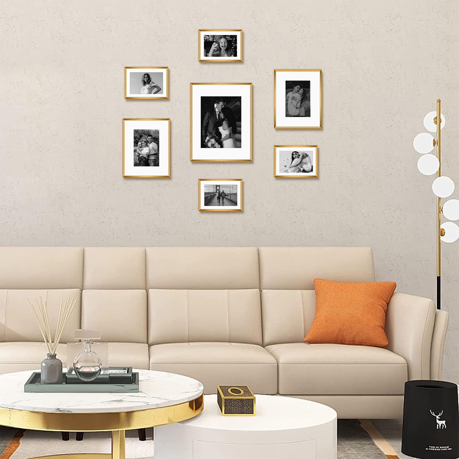Frametory, Zestaw aluminiowych ramek ściennych z matą w kolorze kości słoniowej – 7 metalowych ramek na zdjęcia z prawdziwym szkłem – cztery 15 x 18, dwie 20 x 25 cm, jedna 11 x 14 cm, idealne do
