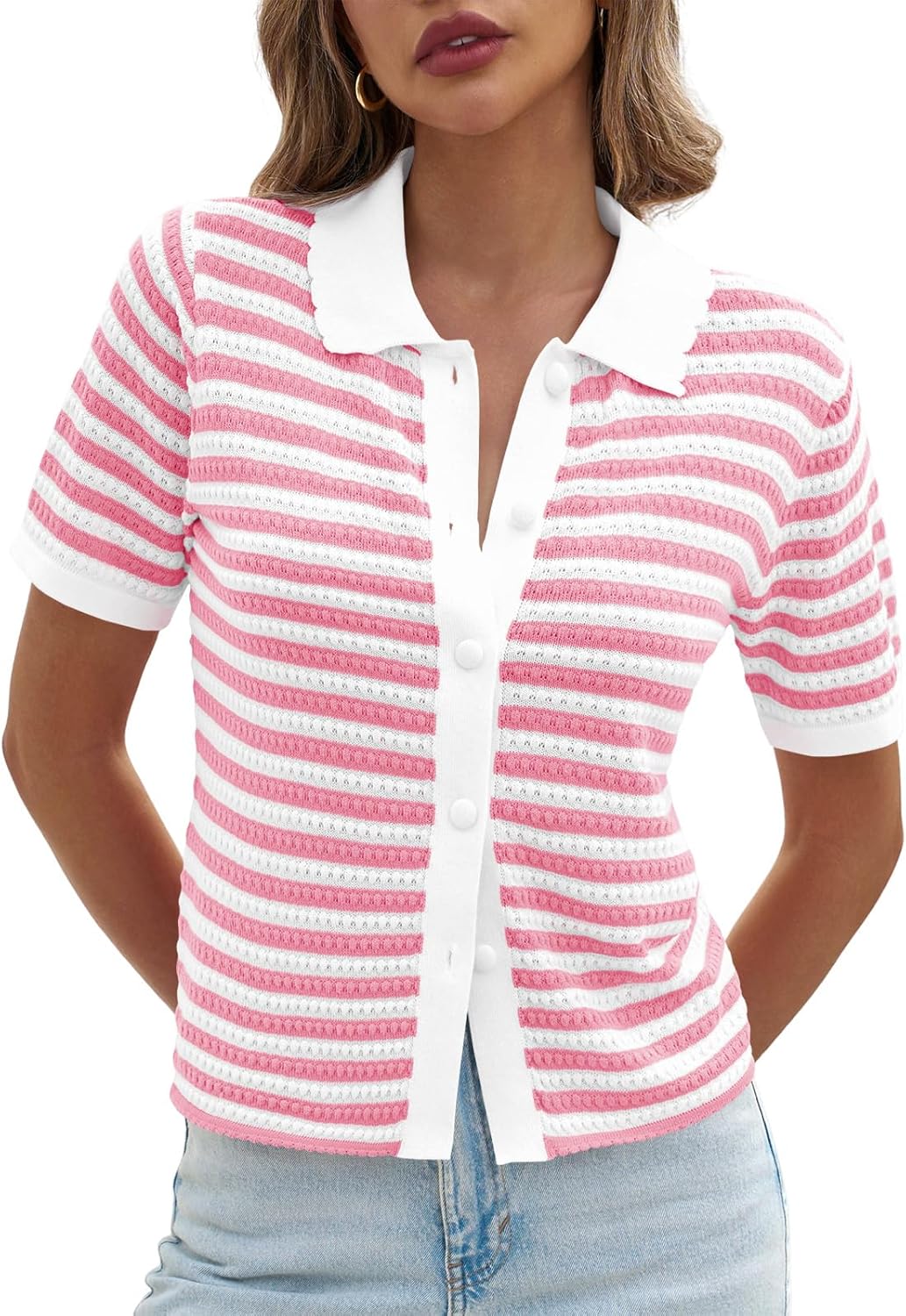 Saodimallsu Womens Striped Short Sleeve Sweater Tops Polo Collared Button Crochet Summer Cropped Cardigan - Image 2