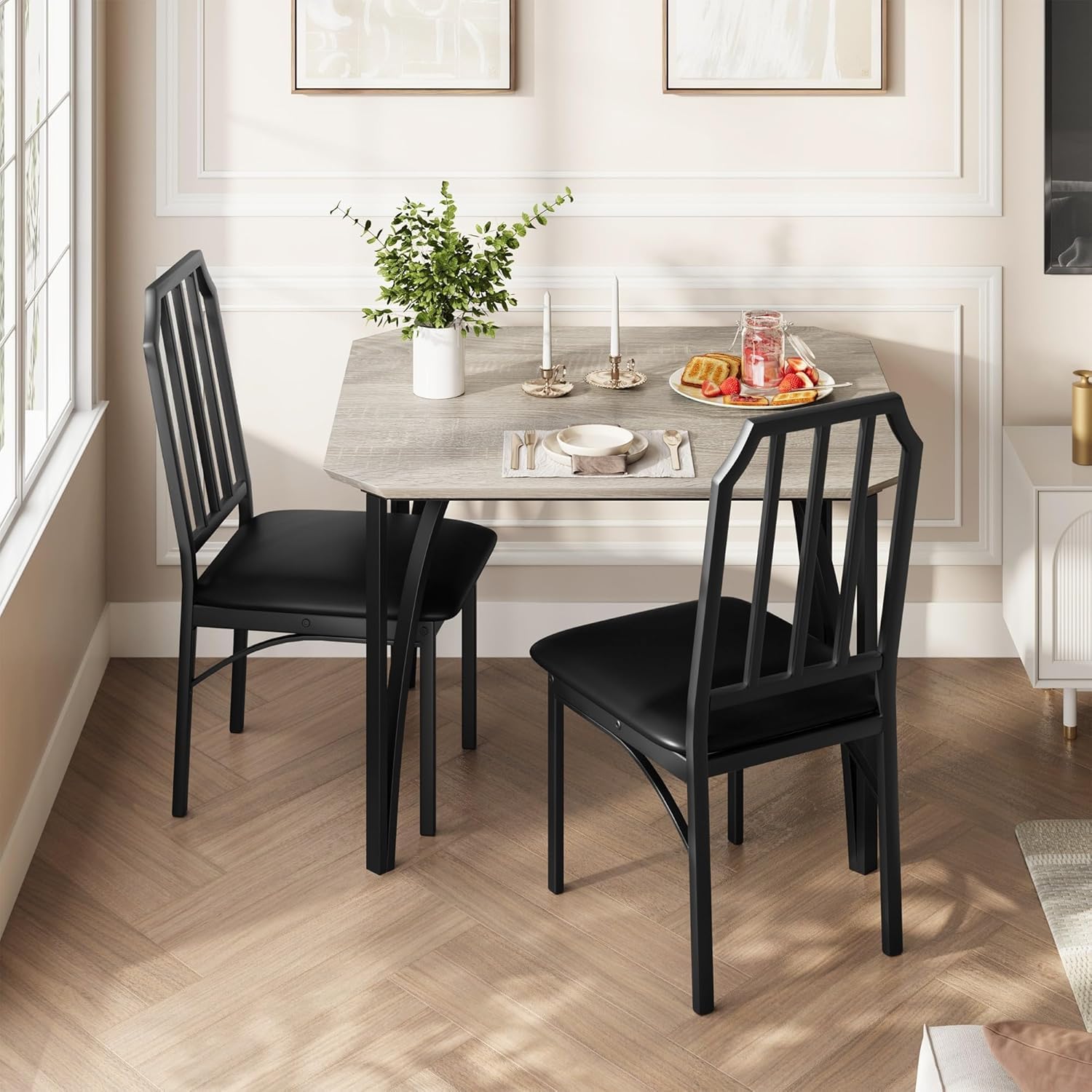 Ensemble Table à Manger 3 Pièces avec 2 Chaises Rembourrées, Métal et Bois, pour Petits Espaces