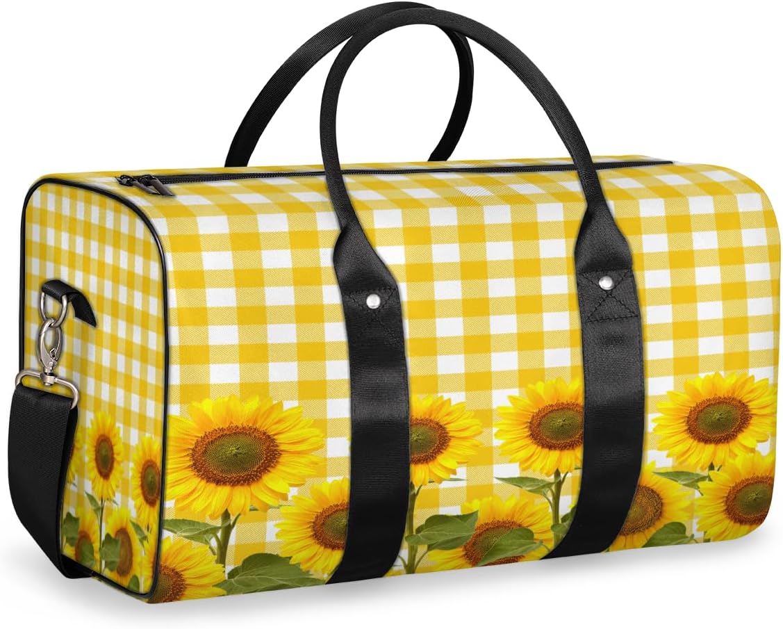 Grid Sunflower Travel Duffel Bag for Women Men Large Capacity Overnight Weekender Bags for Lightweight Waterproof Sport Gym Bag for Workout Yoga Swim