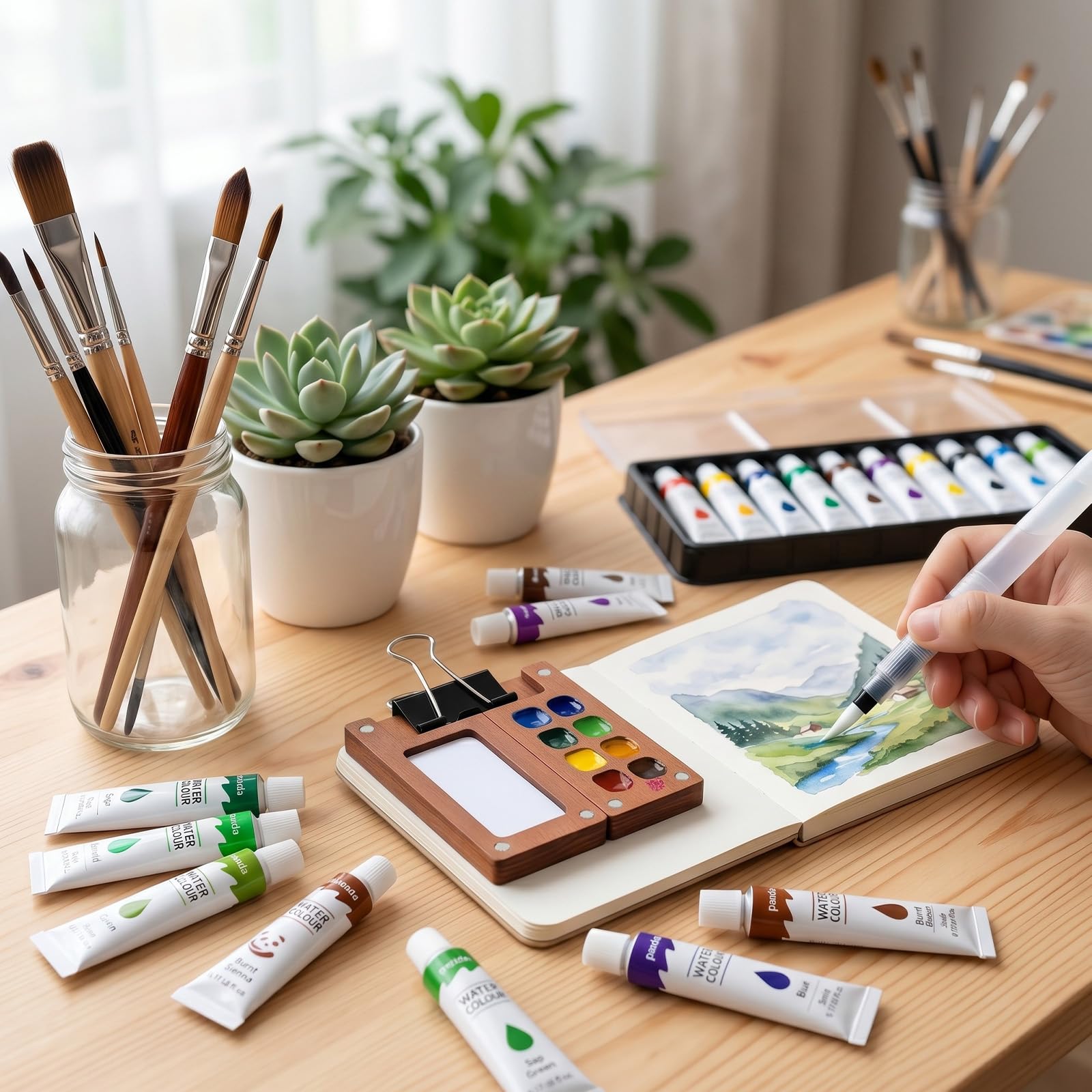 Watersay Juego de 20 mini pinturas de acuarela, kit de viaje de paleta de pintura de bolsillo, kit de viaje de acuarela con caja de paleta de rejilla de madera, cuaderno de bocetos, bolígrafos, clips