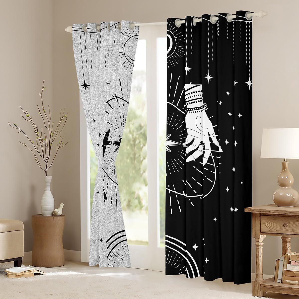 Castle Fairy Bohemian Sun and Moon Curtains for Living Room,White and Black Window Drapes Bedroom Blackout 30%-50%,Starry Galaxy Exotic Hand Print Window Treatment Grommet Top 2 Panels Decor,38Wx45L
