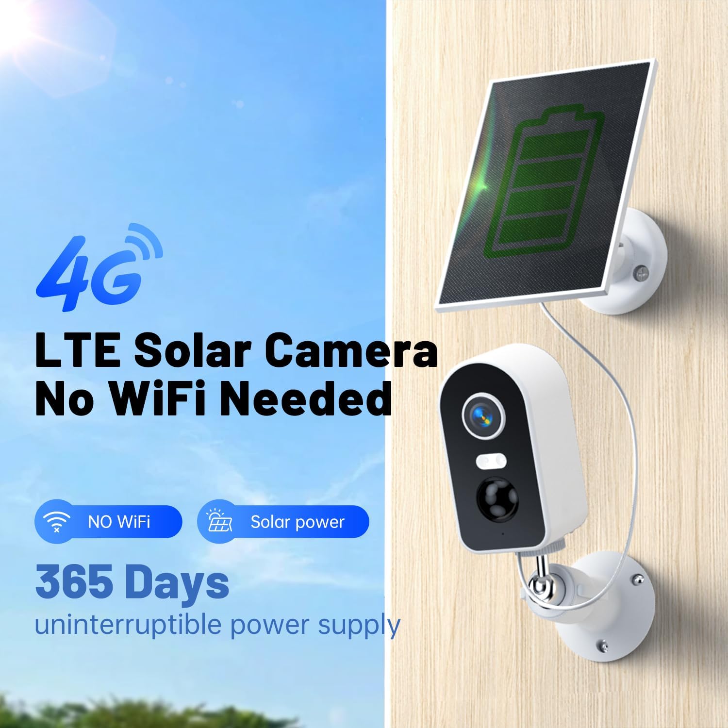 KKB G500 4G LTE Cellular Solar Security Camera with solar panel mounted on a wall