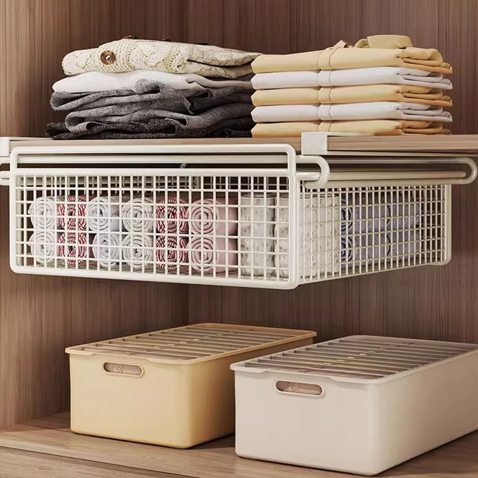 Panier de rangement en métal extractible sous étagère avec crochets, tiroir multifonctionnel pour vêtements, économie d'espace, organisateur de garde-robe en fer - Yooghuge