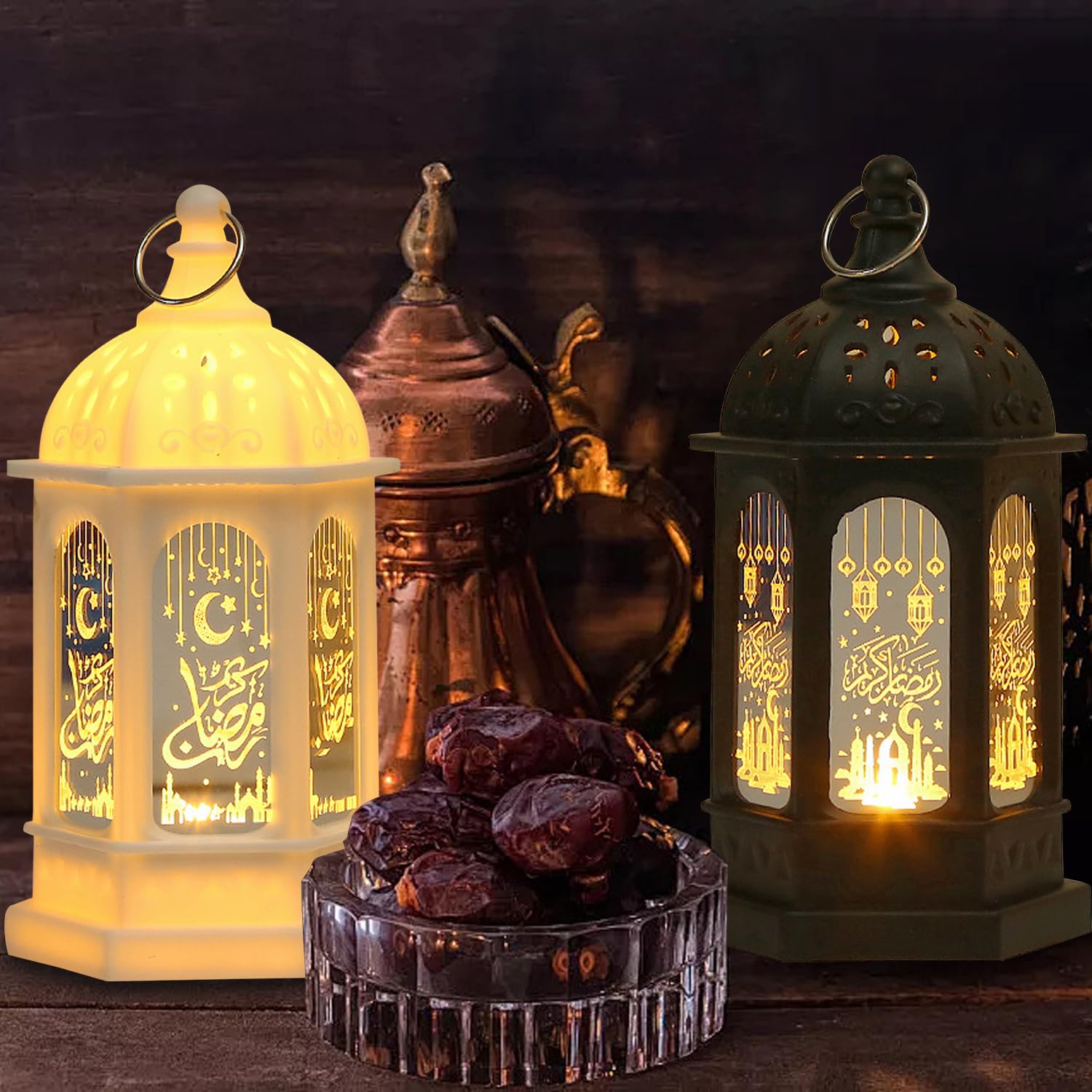 Mini Ramadan Candle Lantern Decorations for Centerpiece Moroccan Style LED Eid Hanging Lantern Decorations for Home Halloween Wedding Christmas Table Decor (Black and White) - Image 2