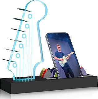Light Up Guitar Pick Holder—Electric Guitar Headstock Design with 7-Color Changing Lights,Gifts for Music Lovers,Guitar Pick Display and Storage With Wooden Base&Phone Stand,Guitar Accessories.