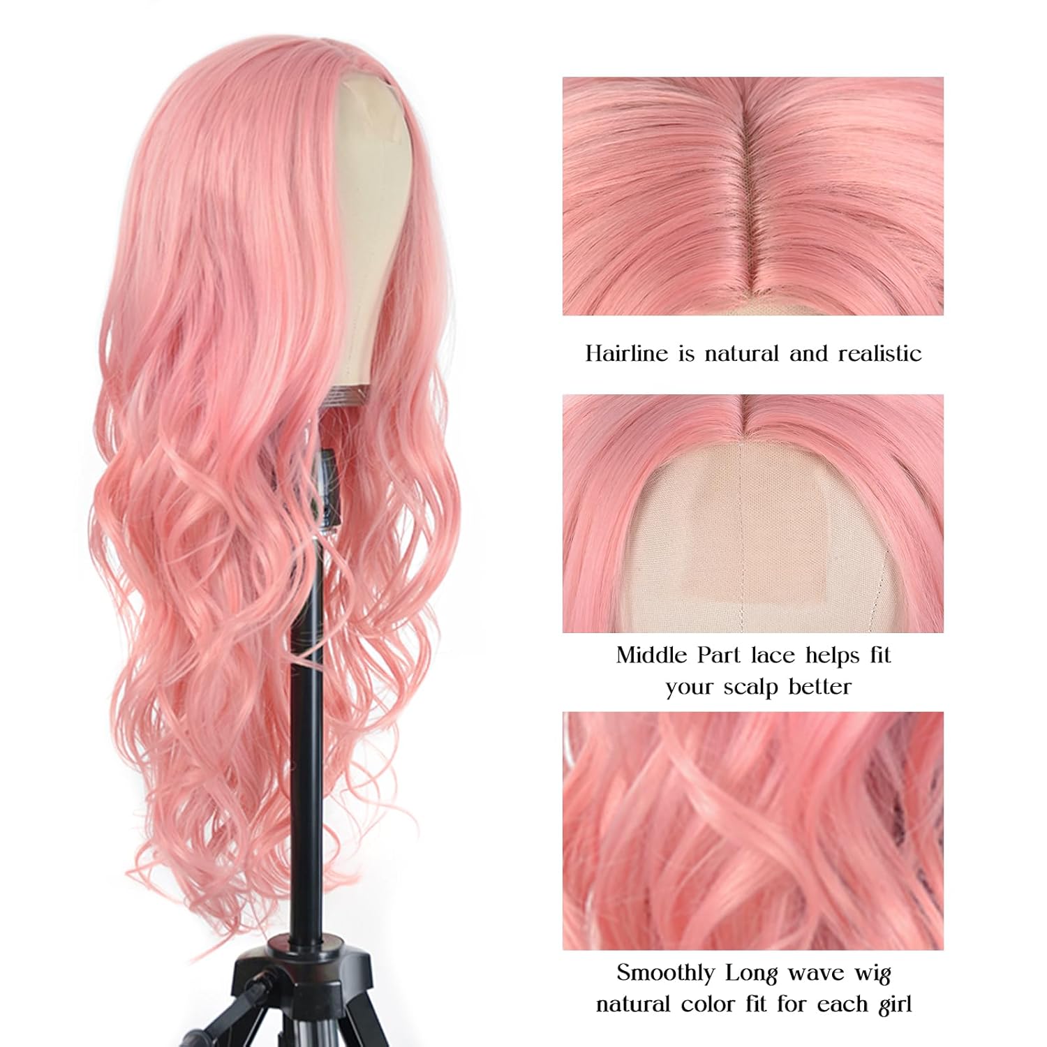 Long Pink Wavy Wig for Women -26inch Middle Part Long Pink Curly Wavy Wigs Heat Resistant Synthetic Hair Looking Natural, Fiber wig for Daily Party Use - Image 3