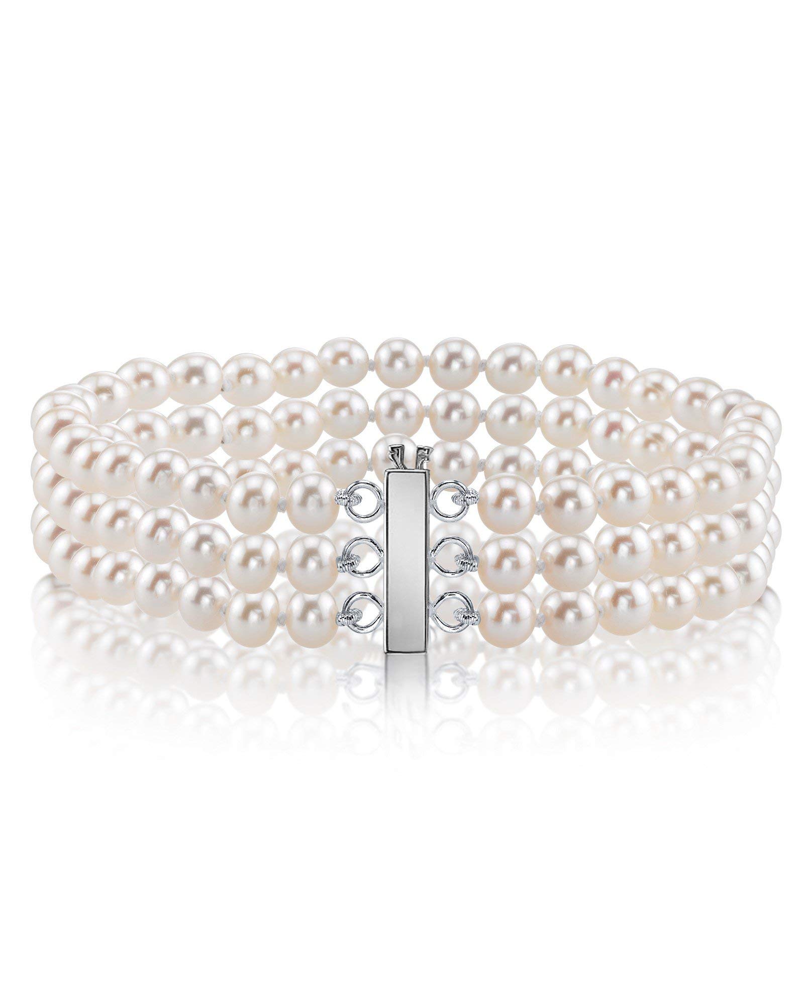 14K Gold 6-7mm AAAA Quality Round White Triple Freshwater Cultured Pearl Bracelet for Women