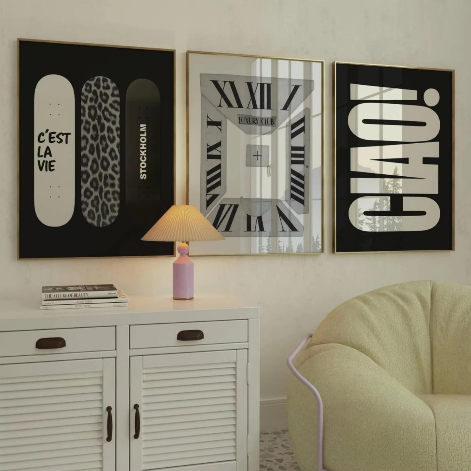 Zbello B 3Pcs/Set Canvas Painting, Lack & White Leopard Print Unframed Canvas Wall Art, Retro Fashion Posters For Living Room & Entryway (40X50cm,)