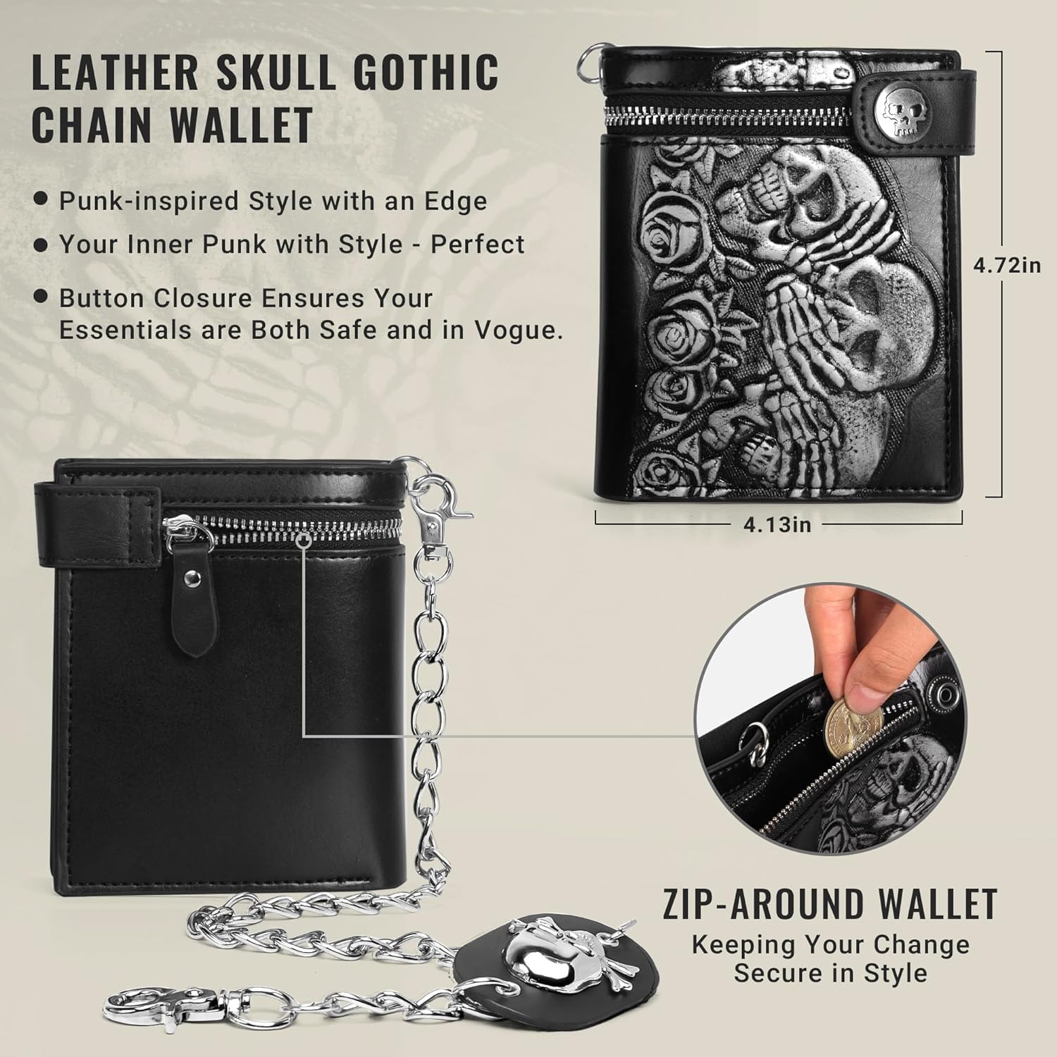 ZEKEE Skull Gothic Chain Wallet Leather Punk Bifold Halloween Goth Accessories Unisex,Black - Image 7