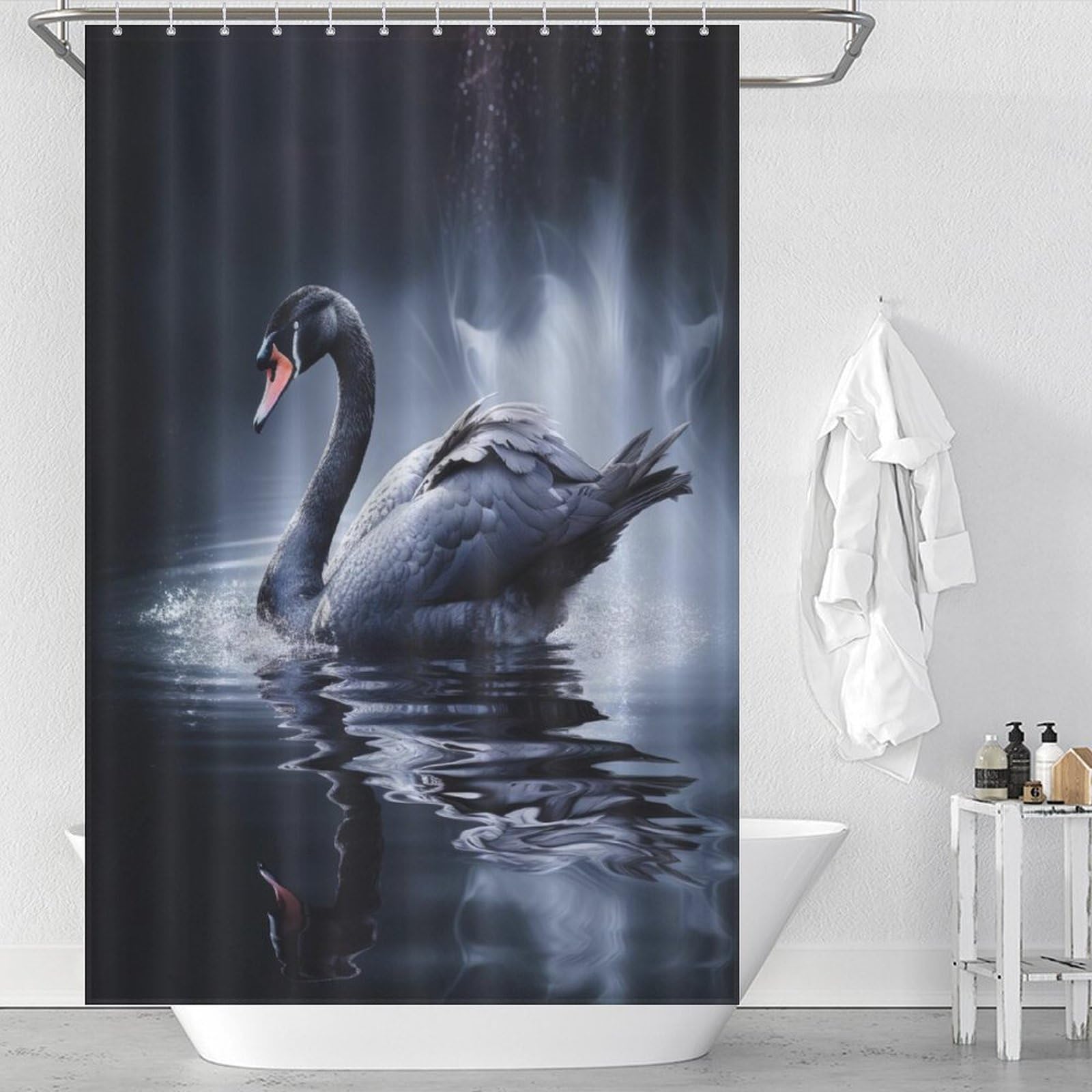 Rideau de douche cygne idéal pour baignoire et ambiance spa relaxante