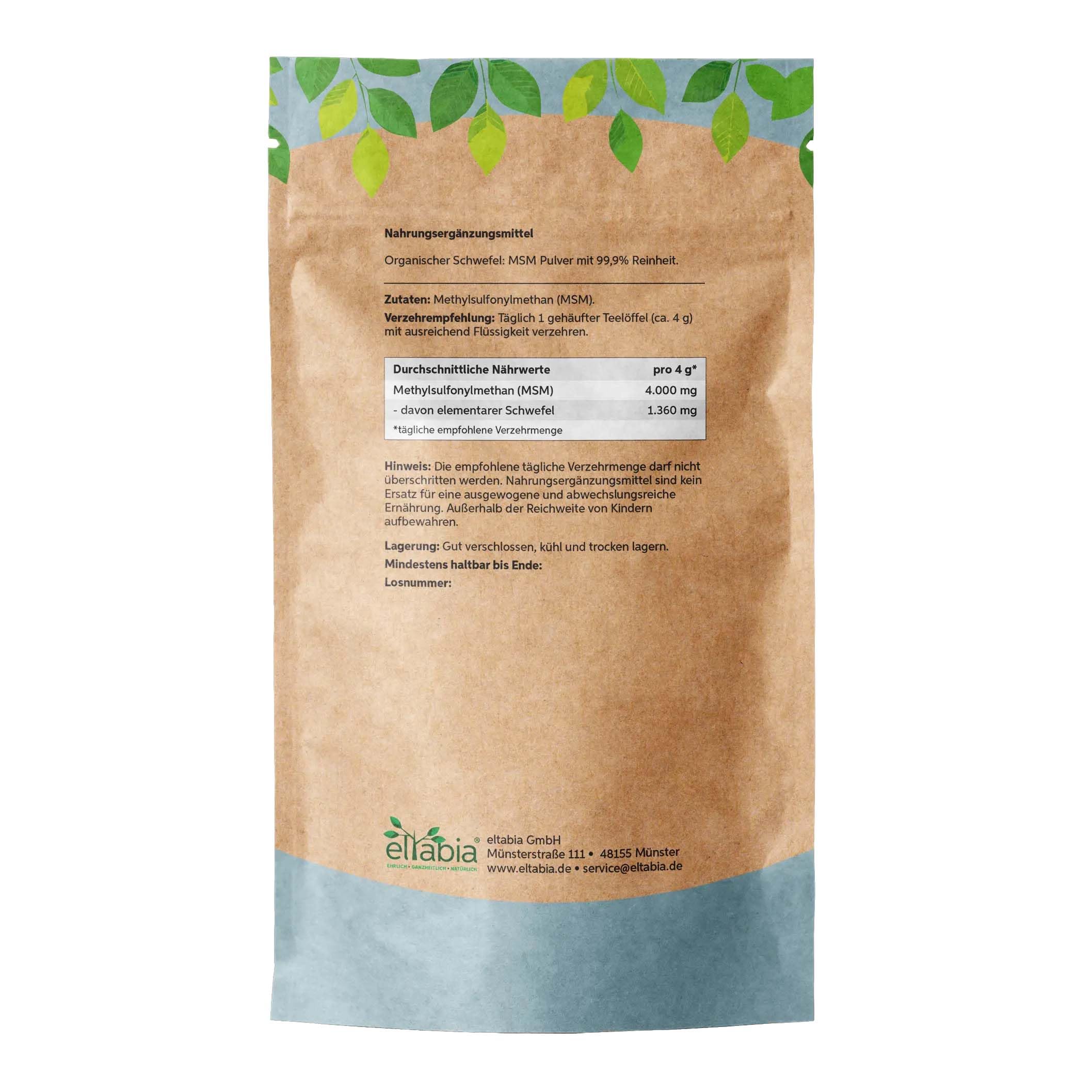 MSM Pulver 500g | 99,9% reiner organischer Schwefel | Premium Methylsulfonylmethan ohne Zusätze | Vegan