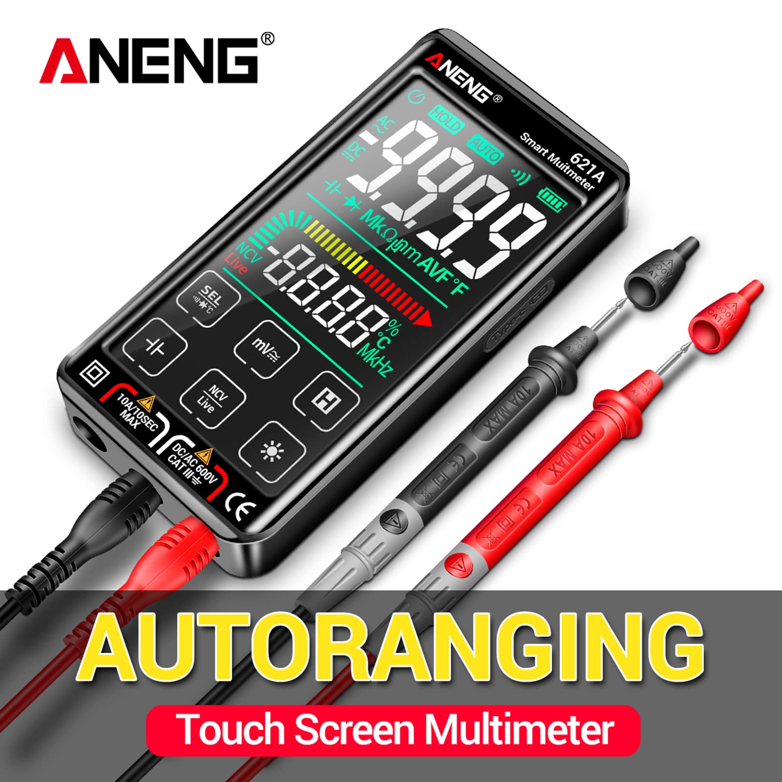 HUIOP Multimeter Multímetro Digital Inteligente 621A con Pantalla táctil, 9999 recuentos, Rango automático, Recargable, portátil, NCV, medidor Universal, voltímetro, amperímetro