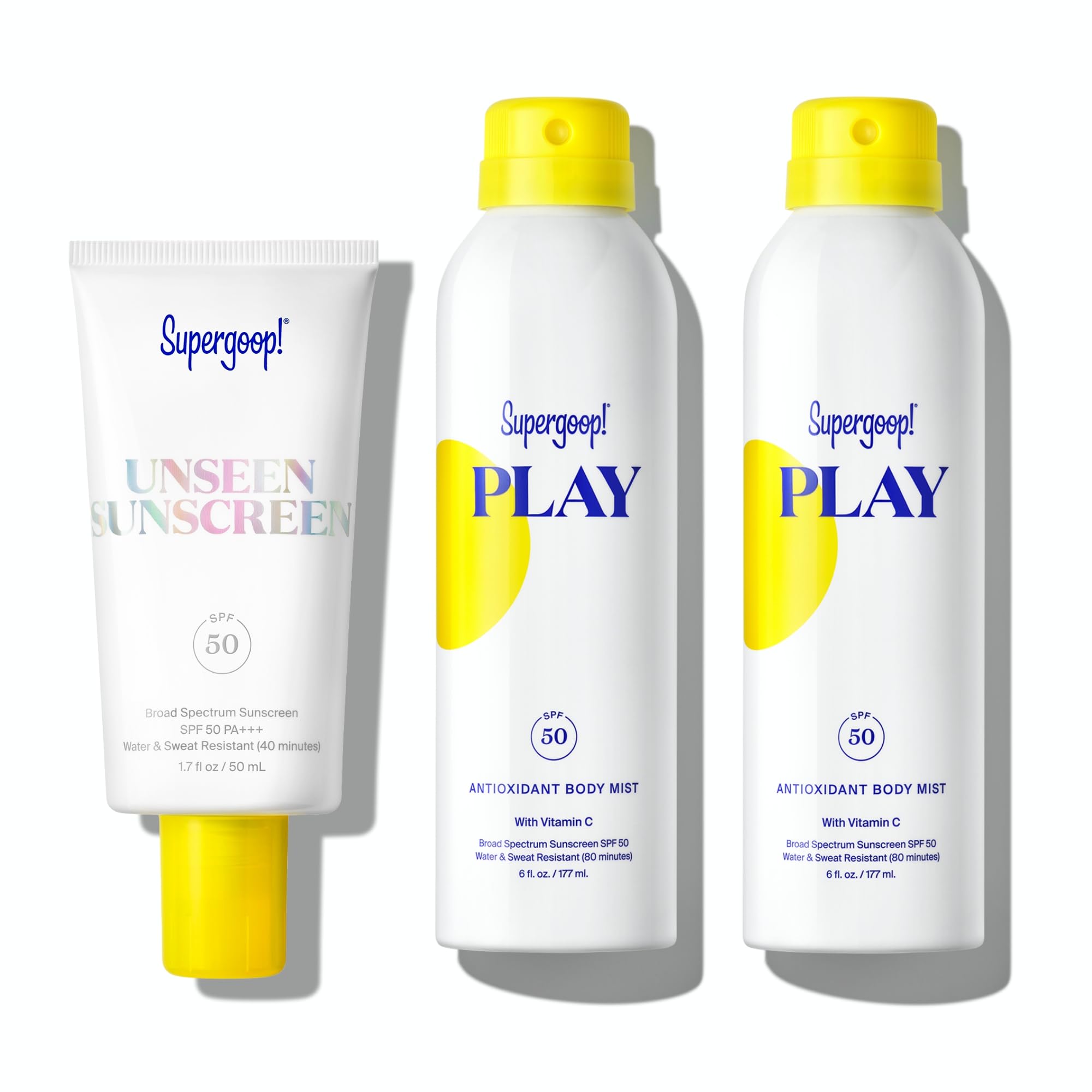 Supergoop! Unseen Sunscreen SPF 50 Invisible Sun Protection for Face (1.7 fl oz) + PLAY Antioxidant Body Mist SPF 50 (Pack of 2, 6 fl oz Each) - Broad Spectrum Body & Face Sunscreen for Sensitive Skin