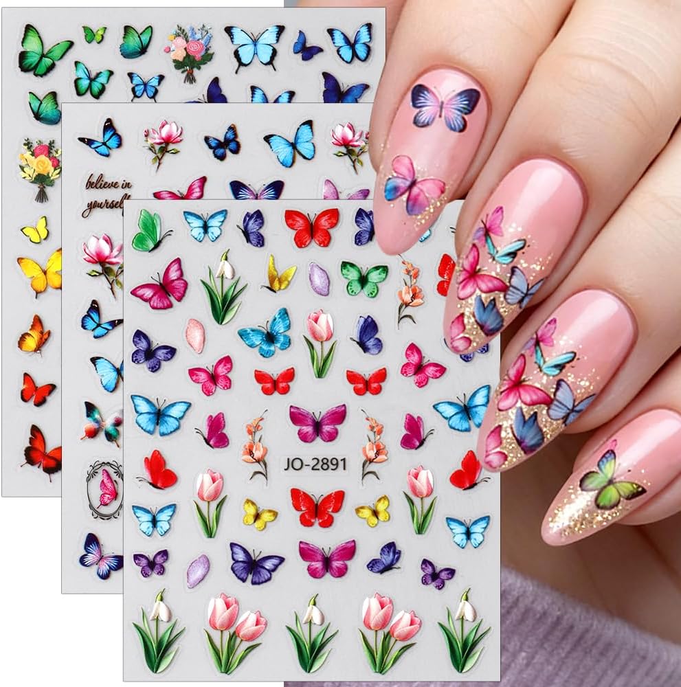 Butterfly Nail Art Stickers 3D Dreamy Watercolor Flower Butterfly Nail Decals Colorful Spring Summer Butterflies Flowers Nails Stickers For Women Girls DIY Manicure Design Decoration Nails Accessories