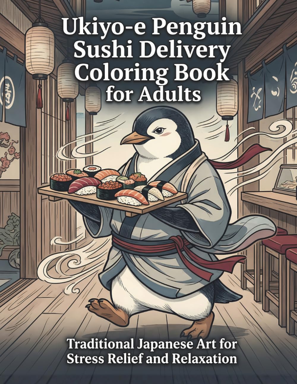 Ukiyo-e Penguin Sushi Delivery Coloring Book for Adults: Traditional Japanese Art for Stress Relief and Relaxation