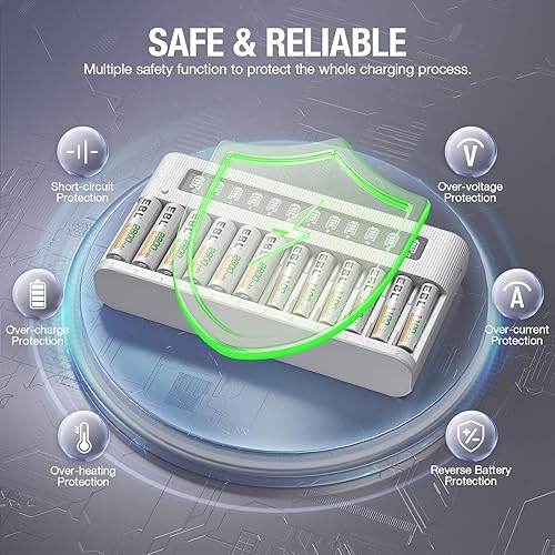 Miniatura 24 de EBL Cargador de batería de 8 bahías con pantalla LCD de carga rápida, cargador de batería AA AAA con baterías AA de 2800 mAh NiMH 4 piezas y batería